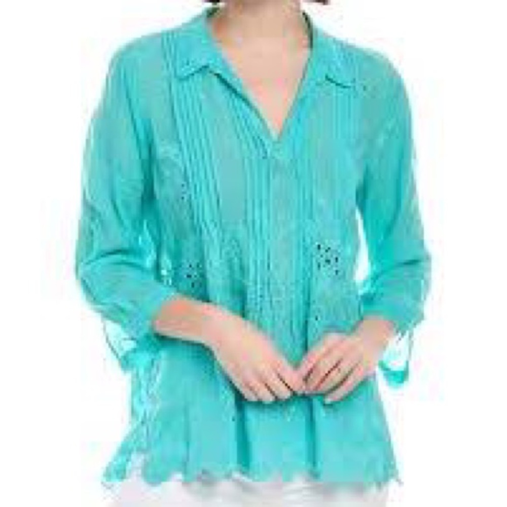 Johnny Was Lemmi Aqua Blue Embroidered Eyelet Lace Silky Cupro Shirt Top L